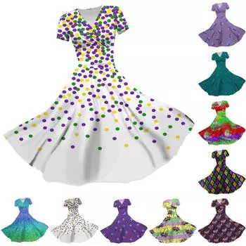 Женское платье принцессы, сексуальное платье с v-образным вырезом и принтом на талии, плиссированное платье с короткими рукавами, карнавальное платье Марди Гра L