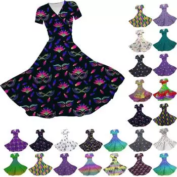 Женское платье принцессы, сексуальное платье с v-образным вырезом и принтом на талии, плиссированное платье с короткими рукавами, карнавальное платье Марди Гра L чёрный
