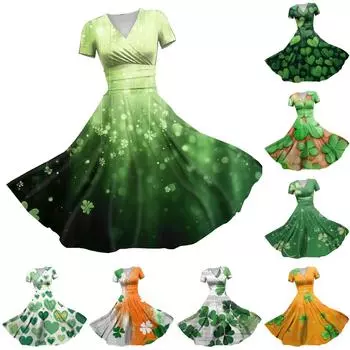 Женское платье принцессы, сексуальное платье с V-образным вырезом, принтом, присборенной талией, плиссировкой и короткими рукавами XXXL