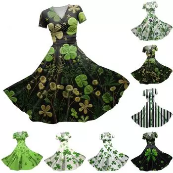 Женское платье принцессы, сексуальное платье с V-образным вырезом, принтом, присборенной талией, плиссировкой и короткими рукавами M белый