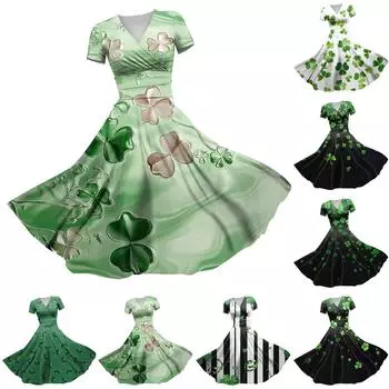 Женское платье принцессы, сексуальное платье с V-образным вырезом, принтом, присборенной талией, плиссировкой и короткими рукавами XXL чёрный