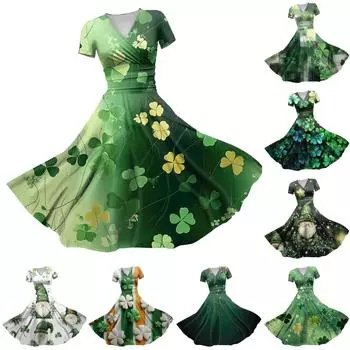 Женское платье принцессы, сексуальное платье с V-образным вырезом, принтом, присборенной талией, плиссировкой и короткими рукавами L армия зеленый