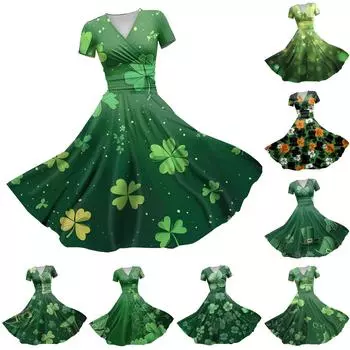 Женское платье принцессы, сексуальное платье с V-образным вырезом, принтом, присборенной талией, плиссировкой и короткими рукавами L армия зеленый