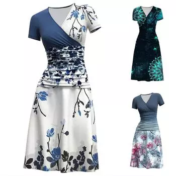Женское платье принцессы, сексуальное платье с v-образным вырезом и принтом на боковой молнии и коротким рукавом XL тёмно-синий