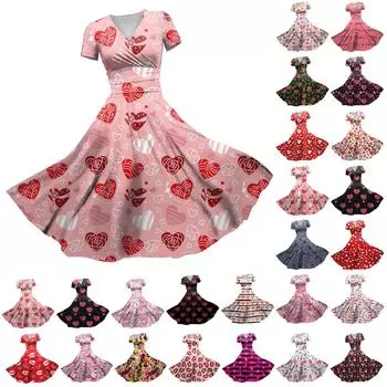 Женское платье принцессы, сексуальное плиссированное платье с короткими рукавами и v-образным вырезом на день святого Валентина, с принтом на талии L чёрный