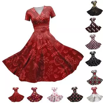 Женское платье принцессы, сексуальное плиссированное платье с короткими рукавами и v-образным вырезом на день святого Валентина, с принтом на талии L чёрный