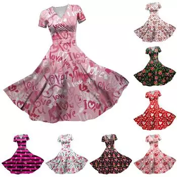 Женское платье принцессы, сексуальное плиссированное платье с короткими рукавами и v-образным вырезом на день святого Валентина, с принтом на талии L
