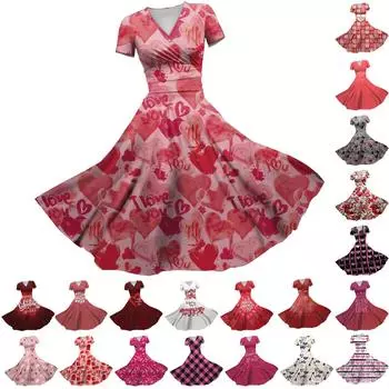 Женское платье принцессы, сексуальное плиссированное платье с короткими рукавами и v-образным вырезом на день святого Валентина, с принтом на талии L чёрный