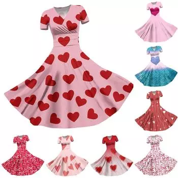 Женское платье принцессы, сексуальное плиссированное платье с короткими рукавами и v-образным вырезом на день святого Валентина, с принтом на талии L киноварь