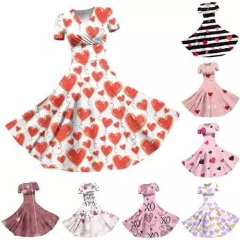 Женское платье принцессы, сексуальное плиссированное платье с короткими рукавами и v-образным вырезом на день святого Валентина, с принтом на талии XL чёрный