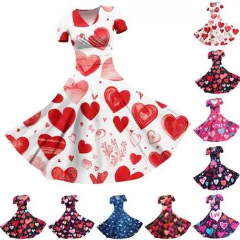 Женское платье принцессы, сексуальное плиссированное платье с короткими рукавами и v-образным вырезом на день святого Валентина, с принтом на талии XL