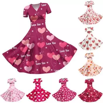 Женское платье принцессы, сексуальное плиссированное платье с короткими рукавами и v-образным вырезом на день святого Валентина, с принтом на талии S оранжевый