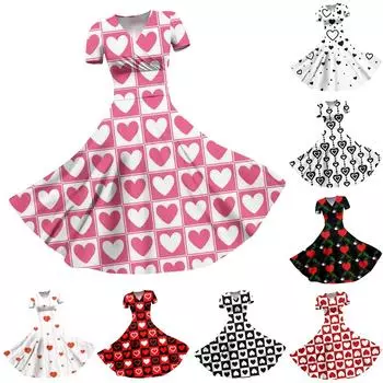 Женское платье принцессы, сексуальное плиссированное платье с короткими рукавами и v-образным вырезом на день святого Валентина, с принтом на талии L чёрный