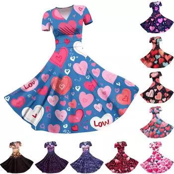 Женское платье принцессы, сексуальное плиссированное платье с короткими рукавами и v-образным вырезом на день святого Валентина, с принтом на талии XXXL
