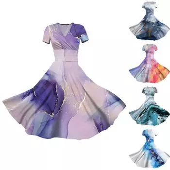 Женское платье принцессы, сексуальное плиссированное платье с коротким рукавом и v-образным вырезом на талии L синий