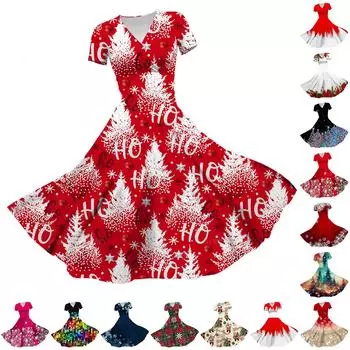 Женское платье принцессы, сексуальное свободное платье с v-образным вырезом и рождественским принтом, с короткими рукавами XXL