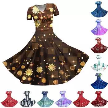 Женское платье принцессы, сексуальное свободное платье с v-образным вырезом и рождественским принтом, с короткими рукавами XXL