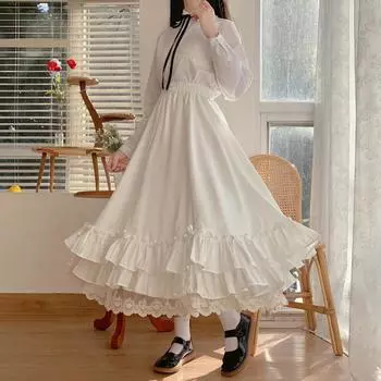 Женское платье принцессы в стиле ретро, двухслойное длинное платье с воланами L белый