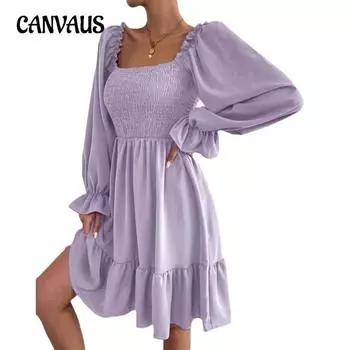 Женское платье Простое квадратное декольте Параллельный креповый шов Боди Оборка Подол Платья Весна Лето S чёрный