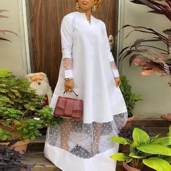 Женское платье Прозрачная сетка в стиле пэчворк с цветочной вышивкой Сплошной цвет Свободное платье с V-образным вырезом Мягкое длинное платье с длинными рукавами Женское осенне-весеннее платье макси 2XL белый