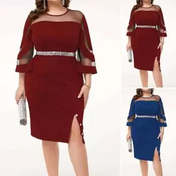 Женское платье Прозрачная сетка в стиле пэчворк с разрезом по краю. Облегающее платье с рукавами три четверти. Блестящая пудра с круглым вырезом. Вечерняя офисная одежда для выпускного вечера. Платье миди. 2XL вино красного