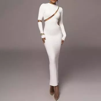 Женское платье Прозрачная сетка в стиле пэчворк Узкая оболочка с разрезом с длинным рукавом и круглым вырезом Сплошной цвет Эластичное ажурное платье до щиколотки для выпускного вечера Макси-платье M белый