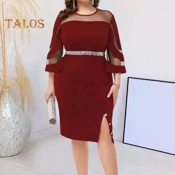 Женское платье Прозрачная сетка в стиле пэчворк. Оболочка с разрезом по краю. Облегающая посадка с рукавами три четверти. Блестящая пудра с круглым вырезом. Выпускной. Вечерняя вечеринка. Офисная одежда миди. 2XL вино красного