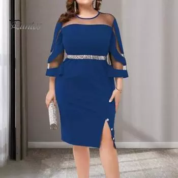 Женское платье Прозрачная сетка в стиле пэчворк. Оболочка с разрезом по краю. Облегающая посадка с рукавами три четверти. Блестящая пудра с круглым вырезом. Выпускной. Вечерняя вечеринка. Офисная одежда миди. 2XL вино красного