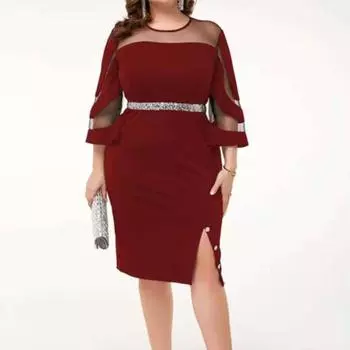 Женское платье Прозрачная сетка в стиле пэчворк. Оболочка с разрезом по краю. Облегающая посадка с рукавами три четверти. Блестящая пудра с круглым вырезом. Выпускной. Вечерняя вечеринка. Офисная одежда миди. 2XL вино красного