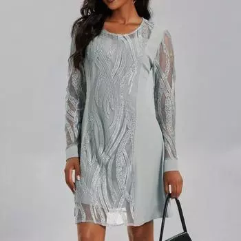 Женское платье прозрачное кружево с круглым вырезом и длинным рукавом, прямое сетчатое лоскутное платье трапециевидной формы для поездок на работу, женское платье длиной до колена для выпускного вечера, весеннее платье миди M серый