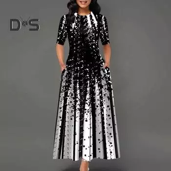 Женское платье-пуловер, платье со средней талией, круглым вырезом и большим подолом, платье длиной до щиколотки с короткими рукавами и принтом L фиолетовый