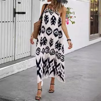 Женское платье-пуловер с бретелью через шею, модное свободное длинное платье с принтом S абрикосовый