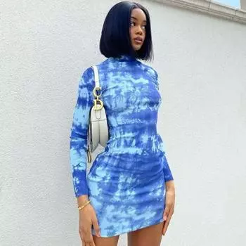 Женское платье-пуловер средней длины с принтом для девушек в стиле пригородной талии с завышенной талией S синий