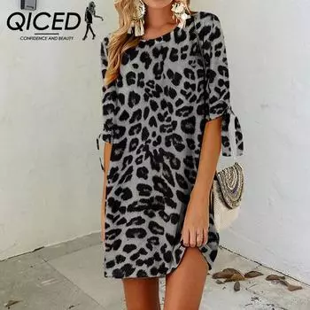 Женское платье QICED с леопардовым принтом и круглым вырезом S серый