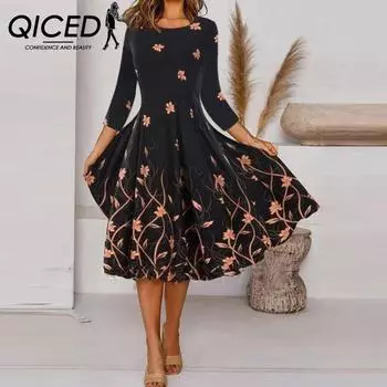 Женское платье QICED с принтом персонализированной позиции и круглым вырезом, рукавами средней длины S чёрный/белый