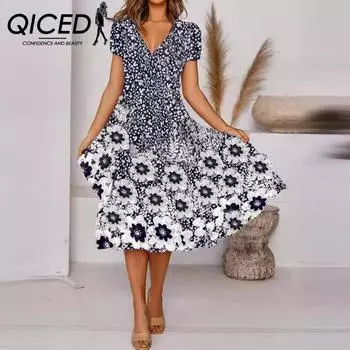 Женское платье QICED Summer Spring с цветочным принтом, V-образным вырезом и короткими рукавами S бордовый