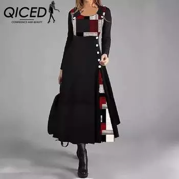 Женское платье QICED весна-осень с цветными пуговицами, О-образным вырезом, длинными рукавами, свободное платье S жёлтый