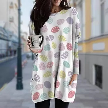 Женское платье Quqi Egg Print Crew Neck, весна-осень, платье больших размеров, платье с карманами XS белый