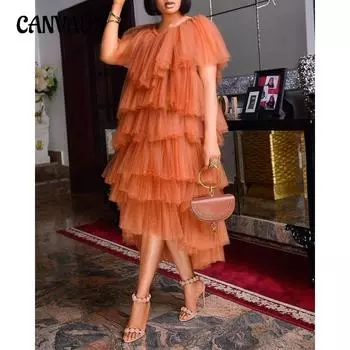 Женское платье размера плюс, миди с высокой талией, сладкое платье для торта, однотонные платья с короткими рукавами S оранжевый