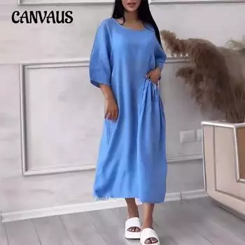 Женское платье размера плюс, однотонное повседневное длинное платье с круглым вырезом и пуговицами S чёрный