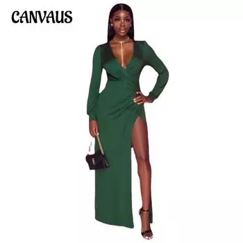 Женское платье размера плюс, весенне-осеннее вечернее платье с длинным рукавом, сексуальные платья с разрезом и V-образным вырезом, вечернее платье S зелёный