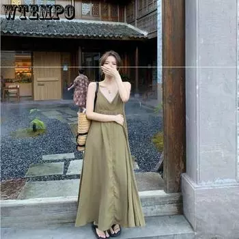 Женское платье Ретро платье с v-образным вырезом и лямкой на талии Темперамент без рукавов Простое платье средней длины S