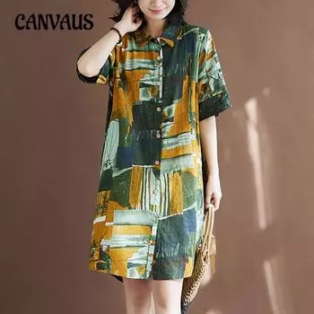 Женское платье-рубашка больших размеров из стираного льна, винтажное абстрактное платье нестандартной формы One Size