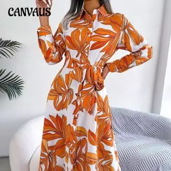 Женское платье-рубашка больших размеров с цветочным принтом и лацканами, элегантное, со шнуровкой, длинное S жёлтый