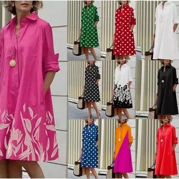 Женское платье-рубашка большого размера с принтом, осеннее повседневное платье с длинным рукавом в уличном стиле, миди-платья