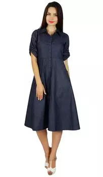 Женское платье-рубашка из шамбре на пуговицах Bimba с карманами и повседневным воротником 10 синий