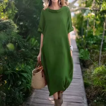 Женское платье-рубашка макси, повседневное, с коротким рукавом, круглым вырезом, длинное платье с карманами, летний свободный пляжный сарафан L оранжевый