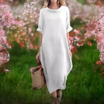 Женское платье-рубашка макси, повседневное, с коротким рукавом, круглым вырезом, длинное платье с карманами, летний свободный пляжный сарафан M фиолетовый