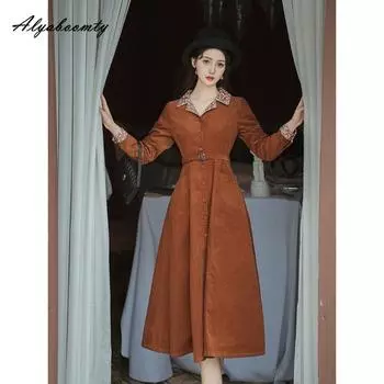 Женское платье-рубашка миди в английском стиле, осень-весна, коричневое вельветовое платье-кардиган с отложным воротником, винтажное элегантное платье с карманами XL