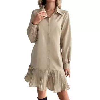Женское платье-рубашка на пуговицах с длинным рукавом, плиссированное, в стиле пэчворк, расклешенное, повседневное мини-платье с лацканами и воротником S хаки